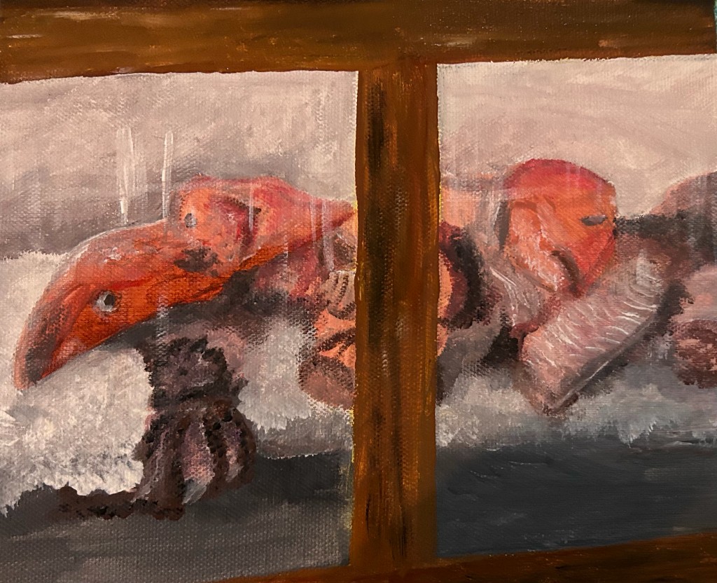 Red anteater seen through a wooden window frame