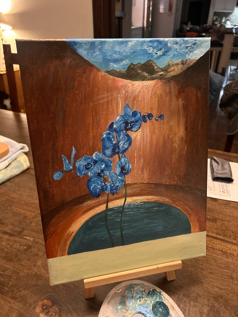 Blue orchids in an arched architectural interior