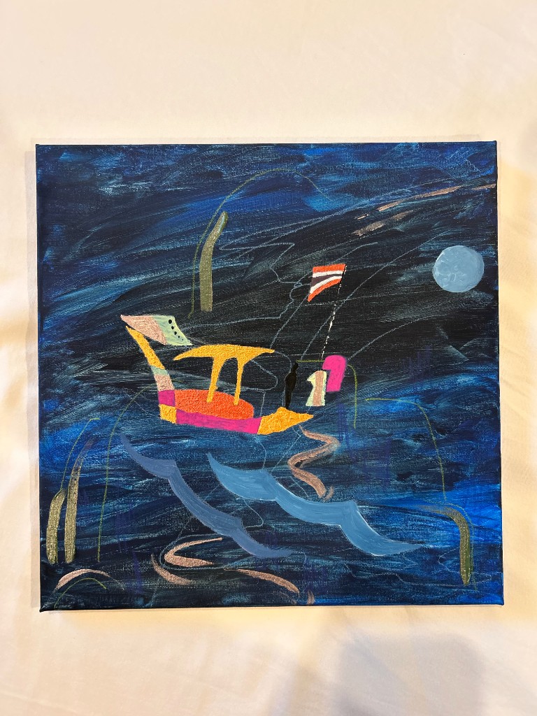 Boat with glitter hull on a textured navy sea