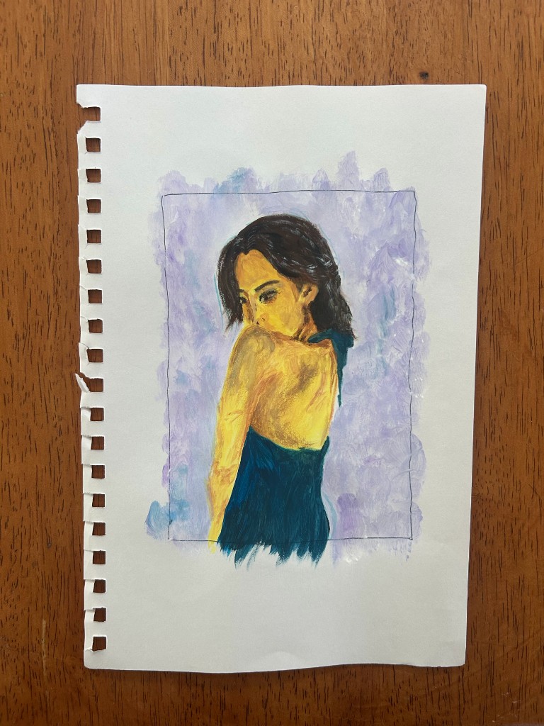 Portrait of a woman looking over her shoulder, on notebook paper