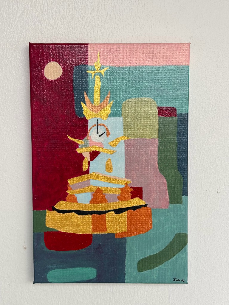 Abstract temple with gold spire and clock face